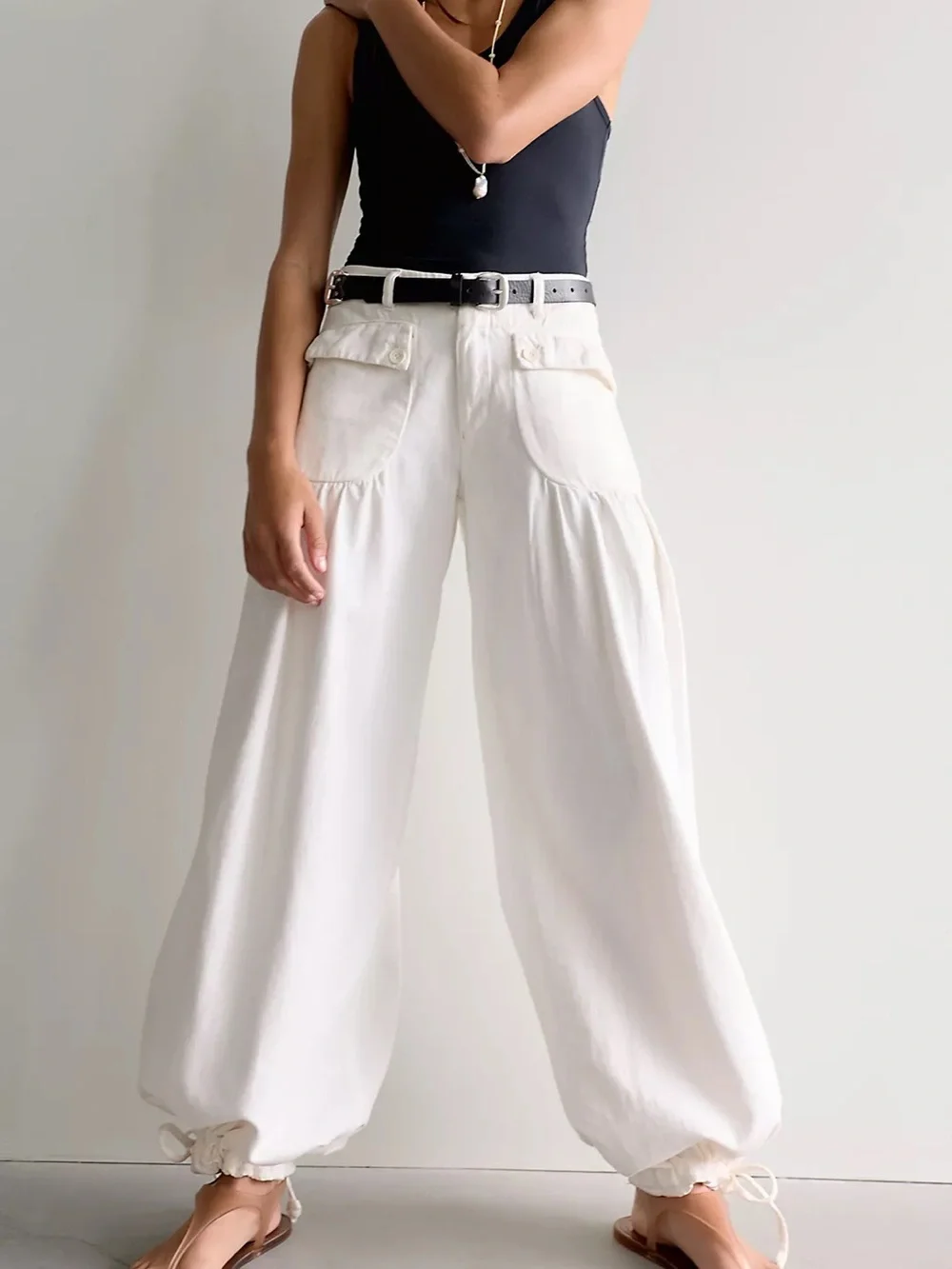 Free People White Wide-Leg Drawstring Hem Pants